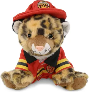 DolliBu Squat Leopard Firefighter Stuffed Animal with Name Personalization - Super Soft Leopard with Red Fireman Costume Outfit and Fireman Hat, Cute Fire Fighter Doll Plush Toy for Kids - 8 Inch