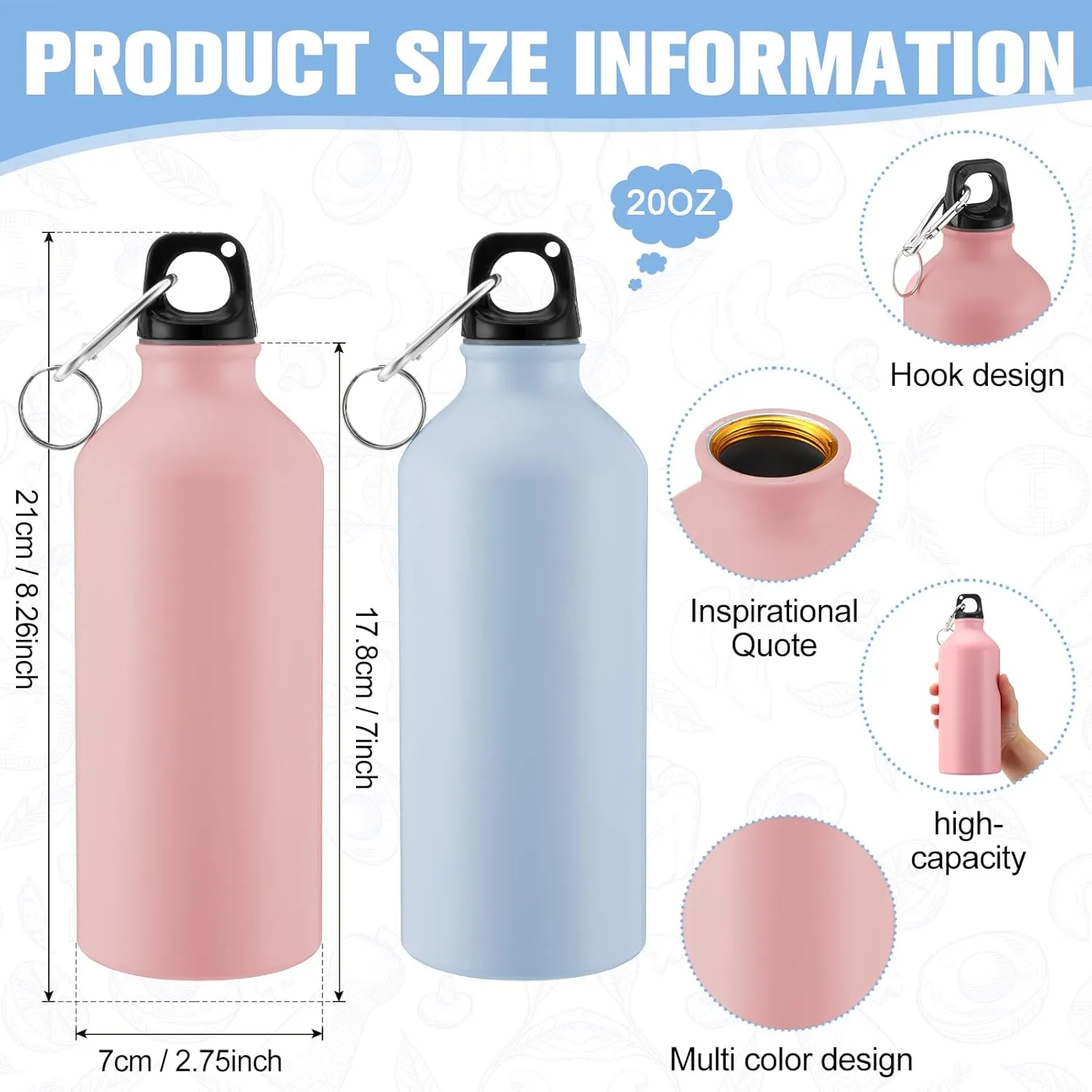 Domensi 18 Pcs 20oz Aluminum Water Bottles Bulk Reusable Water Bottles Lightweight Leak Proof Aluminum Sports with Twist Cap Buckle for Gym, Hiking, Cycling, Camping, Fishing