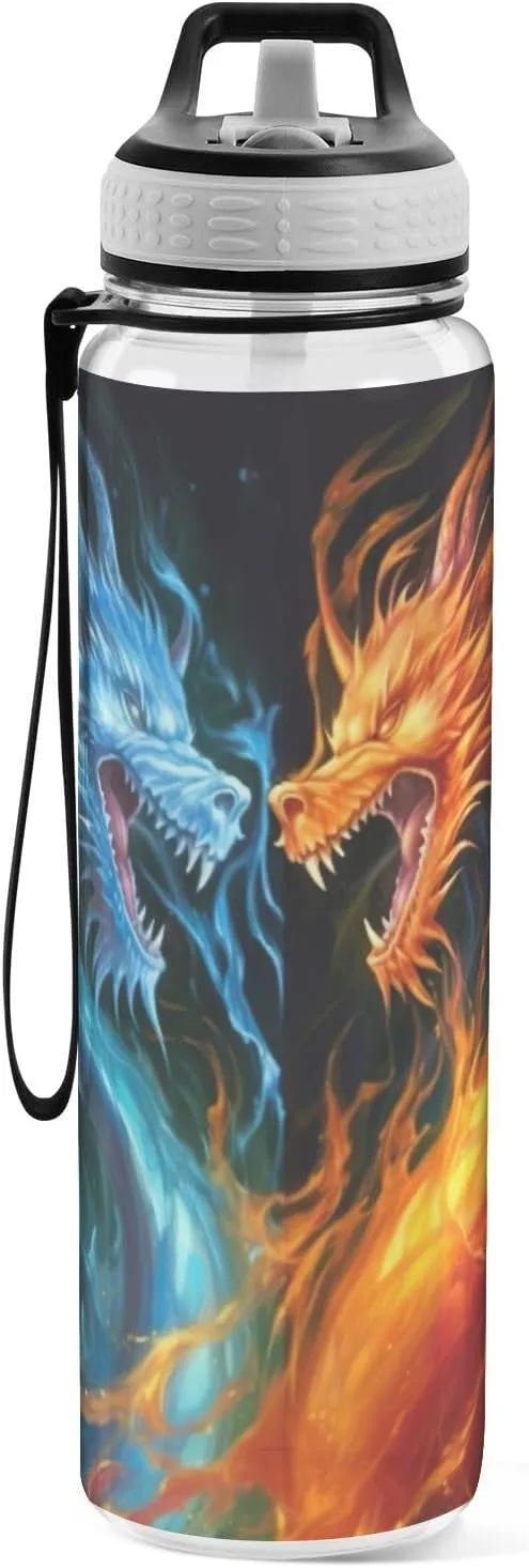 Dragon Fire Fighting Water Bottle with Straw Lid 32oz Leakproof Clear Gym Water Bottles for Women Men Outdoor Sport Drinking