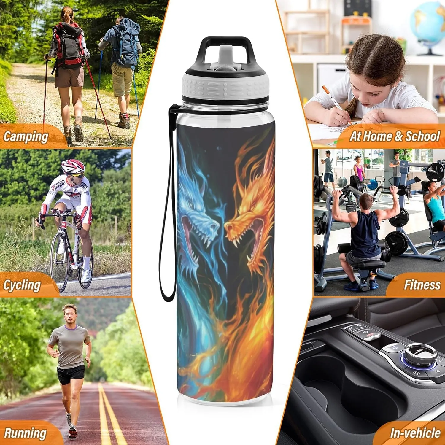 Dragon Fire Fighting Water Bottle with Straw Lid 32oz Leakproof Clear Gym Water Bottles for Women Men Outdoor Sport Drinking