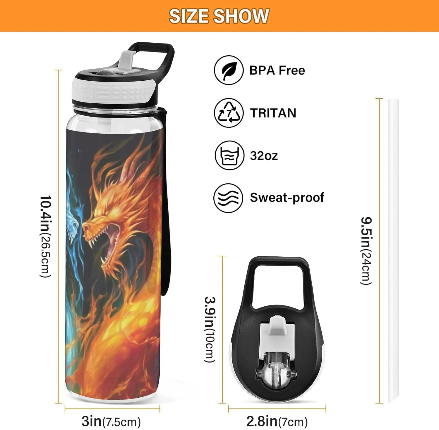 Dragon Fire Fighting Water Bottle with Straw Lid 32oz Leakproof Clear Gym Water Bottles for Women Men Outdoor Sport Drinking