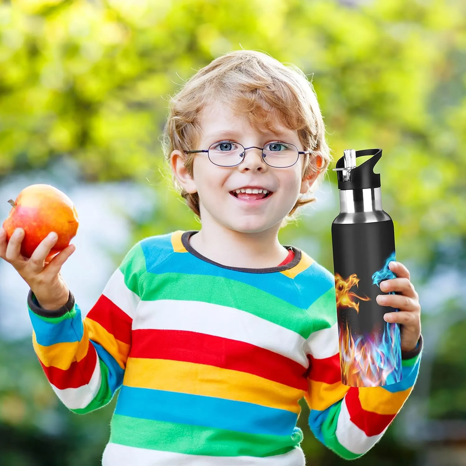 Dragon Water Bottle Kids Fire Dragon Bottle with Straw Lid for Boys Leakproof Insulated Stainless Steel Water Flask School Bottle 20 oz