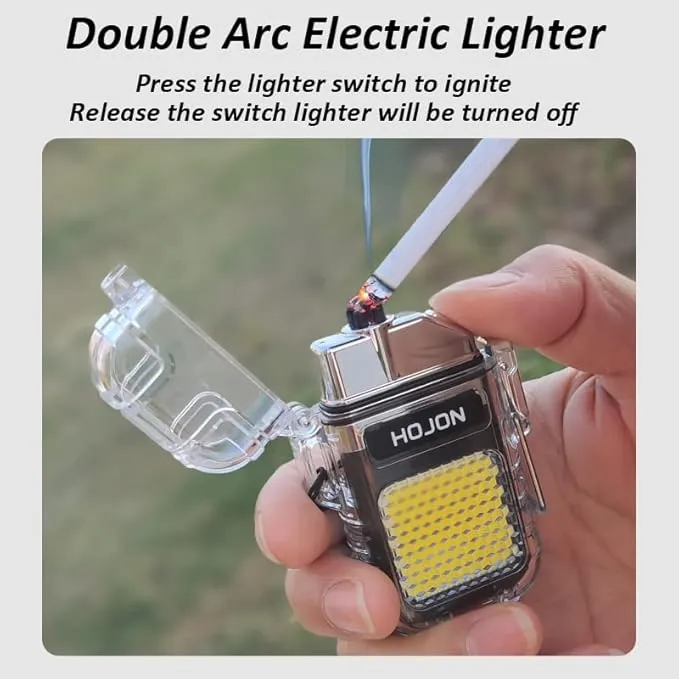 Dual Arc Lighter with LED Flashlight 2 in 1 Plasma Lighter USB Rechargeable Lighter Flameless Waterproof Windproof Mini Electric Lighter for Cigar Cigarette Camping Outdoor Activities (Silver)