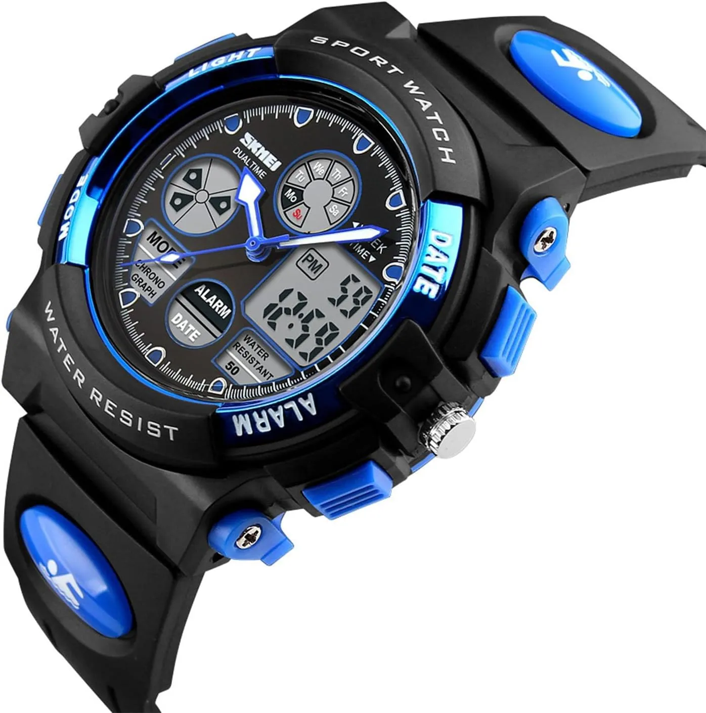 Dual Time Digital Sports Watch Waterproof 50M, Multifunction Outdoor Tactical Watch with Backlight, Alarm, Stopwatch, 12 and 24 Hour Format for Running and Travel
