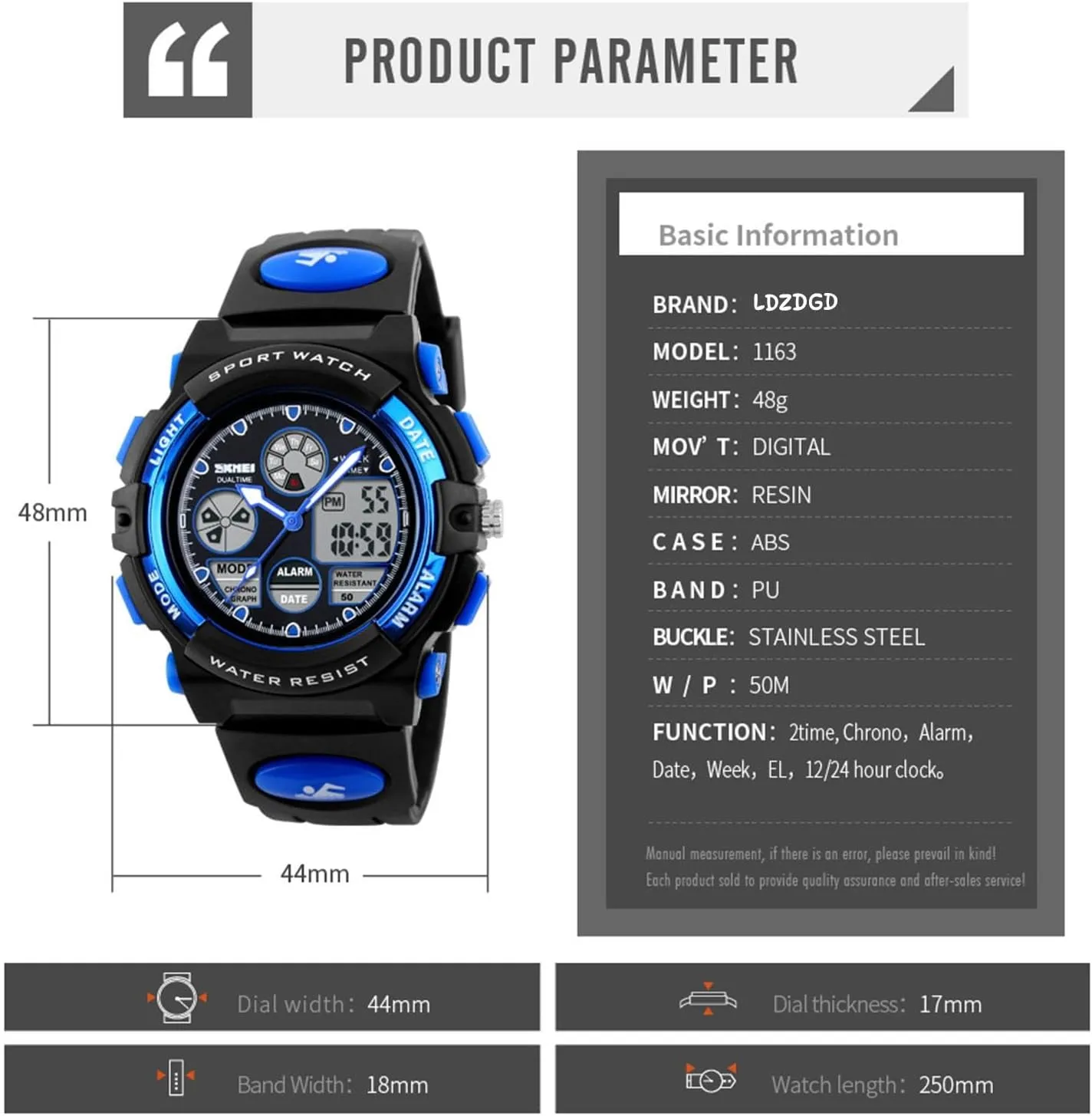 Dual Time Digital Sports Watch Waterproof 50M, Multifunction Outdoor Tactical Watch with Backlight, Alarm, Stopwatch, 12 and 24 Hour Format for Running and Travel