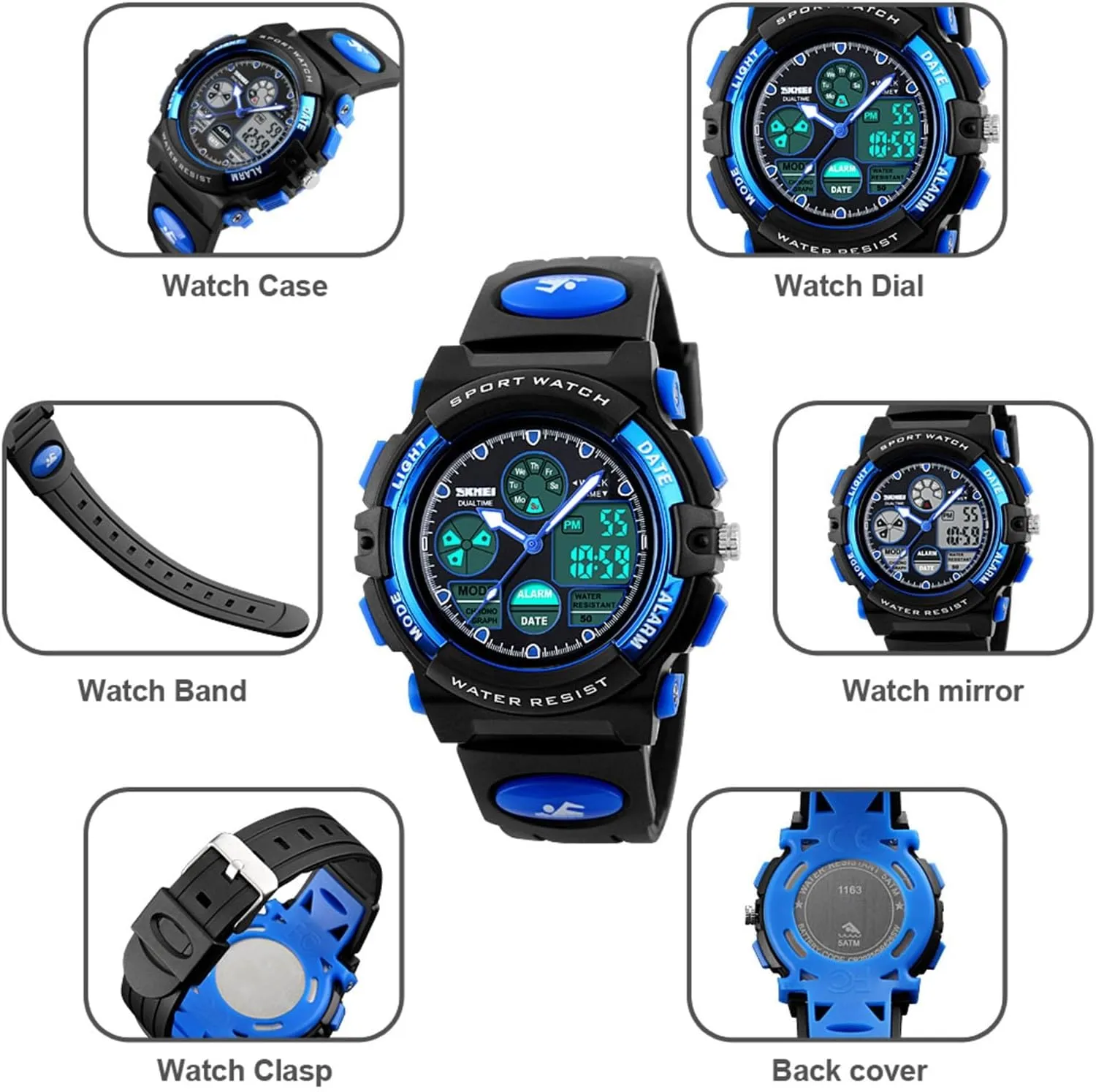 Dual Time Digital Sports Watch Waterproof 50M, Multifunction Outdoor Tactical Watch with Backlight, Alarm, Stopwatch, 12 and 24 Hour Format for Running and Travel