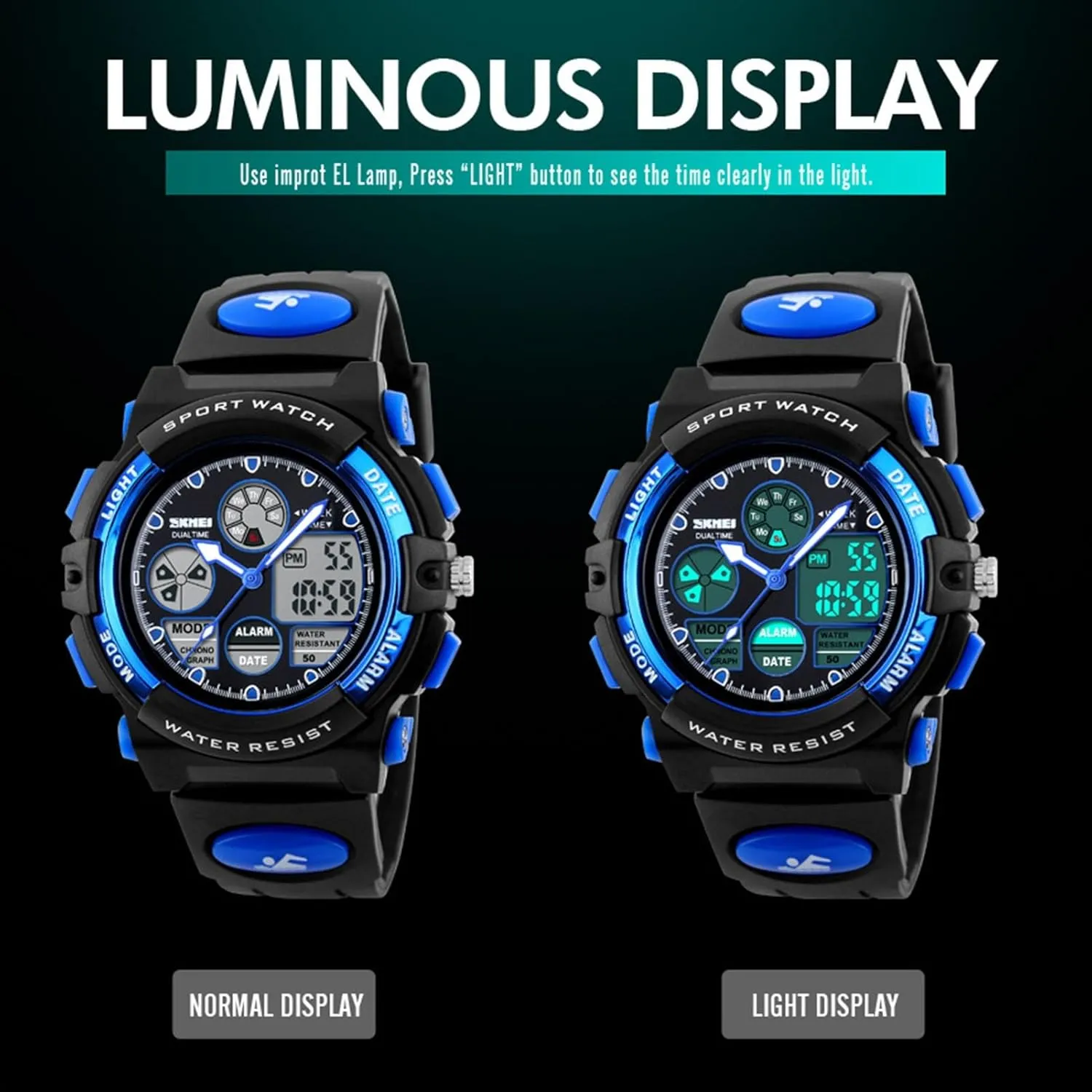 Dual Time Digital Sports Watch Waterproof 50M, Multifunction Outdoor Tactical Watch with Backlight, Alarm, Stopwatch, 12 and 24 Hour Format for Running and Travel