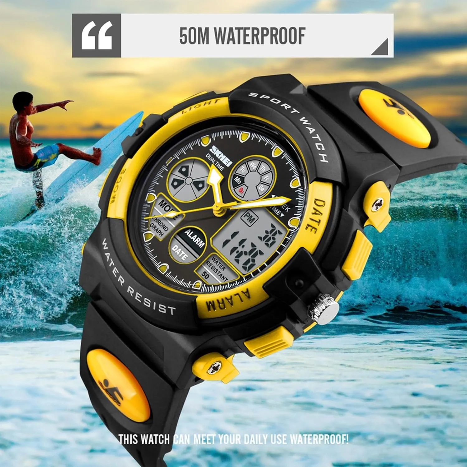 Dual Time Digital Sports Watch Waterproof 50M, Multifunction Outdoor Tactical Watch with Backlight, Alarm, Stopwatch, 12 and 24 Hour Format for Running and Travel