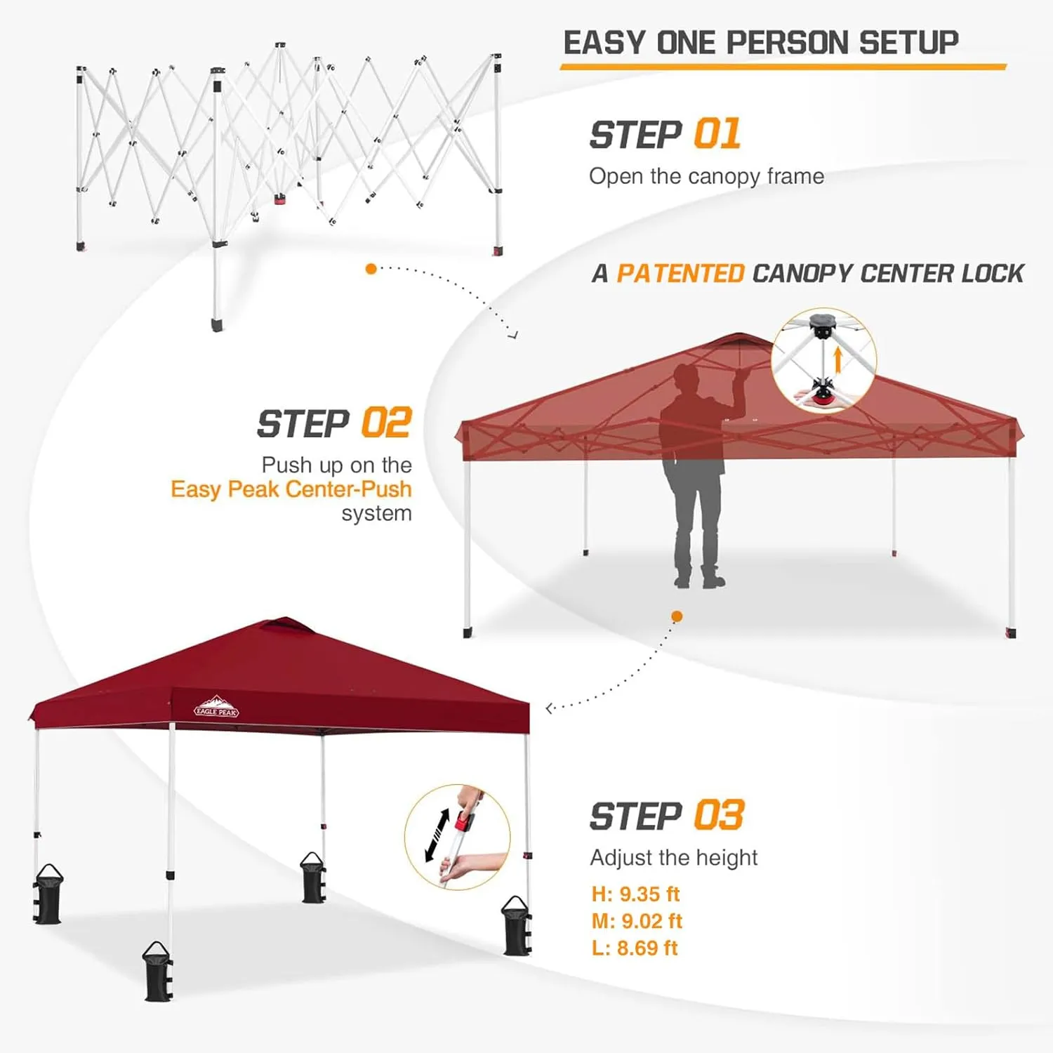 EAGLE PEAK Pop Up Canopy Tent with Wheeled Carry Bag, 8 Stakes, 4 Ropes, 4 Weight Bags, Easy Set Up Tent Canopy, 10x10 ft, 100sqft of Shade, Burgundy