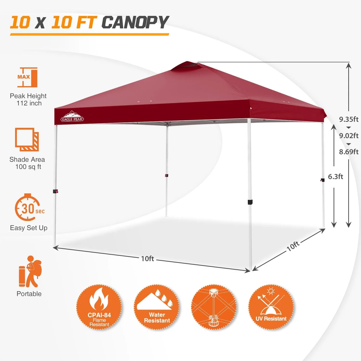 EAGLE PEAK Pop Up Canopy Tent with Wheeled Carry Bag, 8 Stakes, 4 Ropes, 4 Weight Bags, Easy Set Up Tent Canopy, 10x10 ft, 100sqft of Shade, Burgundy