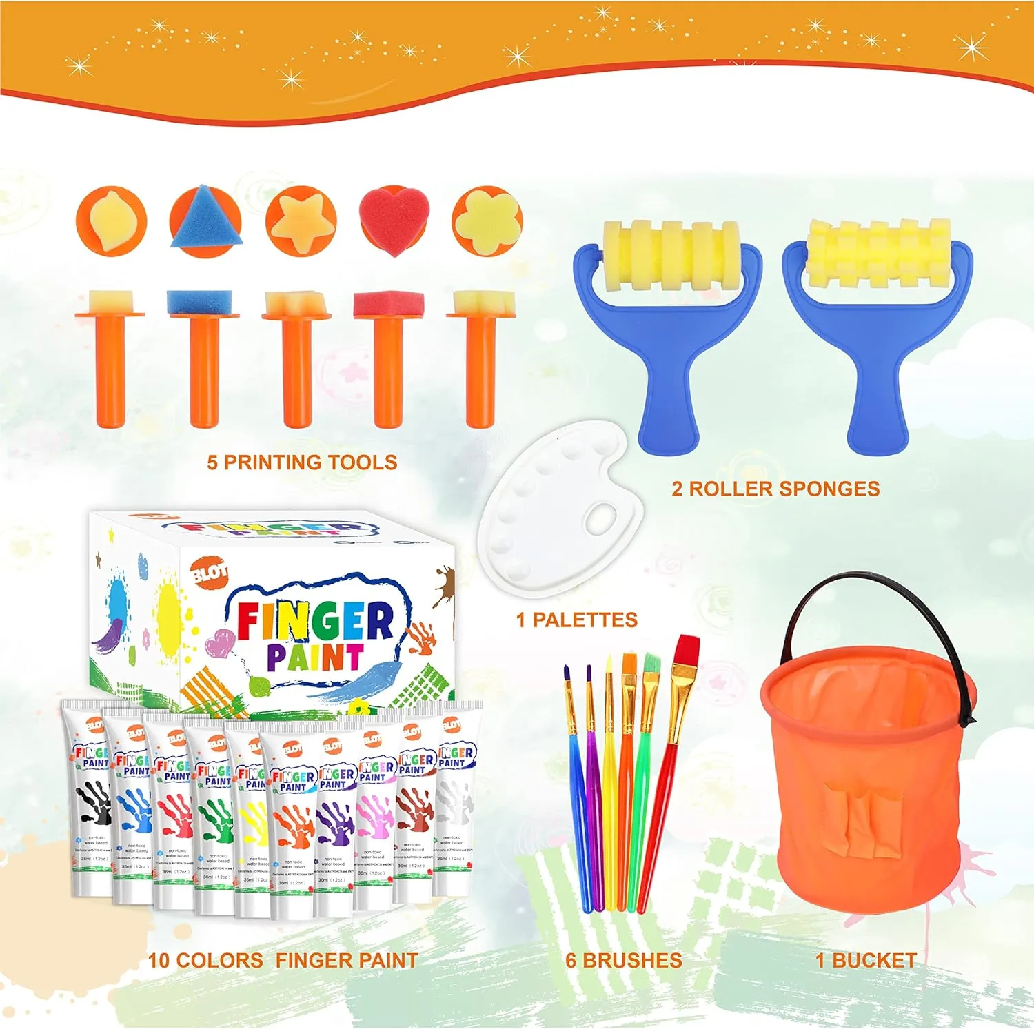 Early Learning Kids Paint Kit Washable Finger Paints with Assorted Painting Brushes Stamps Sponges Palette for Toddlers Children Crafts Drawing Gift Age 3 