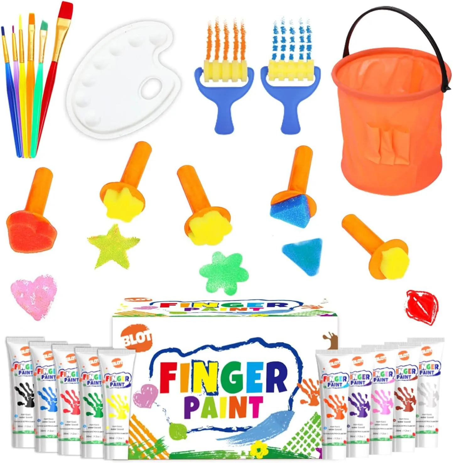 Early Learning Kids Paint Kit Washable Finger Paints with Assorted Painting Brushes Stamps Sponges Palette for Toddlers Children Crafts Drawing Gift Age 3 
