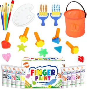 Early Learning Kids Paint Kit Washable Finger Paints with Assorted Painting Brushes Stamps Sponges Palette for Toddlers Children Crafts Drawing Gift Age 3 