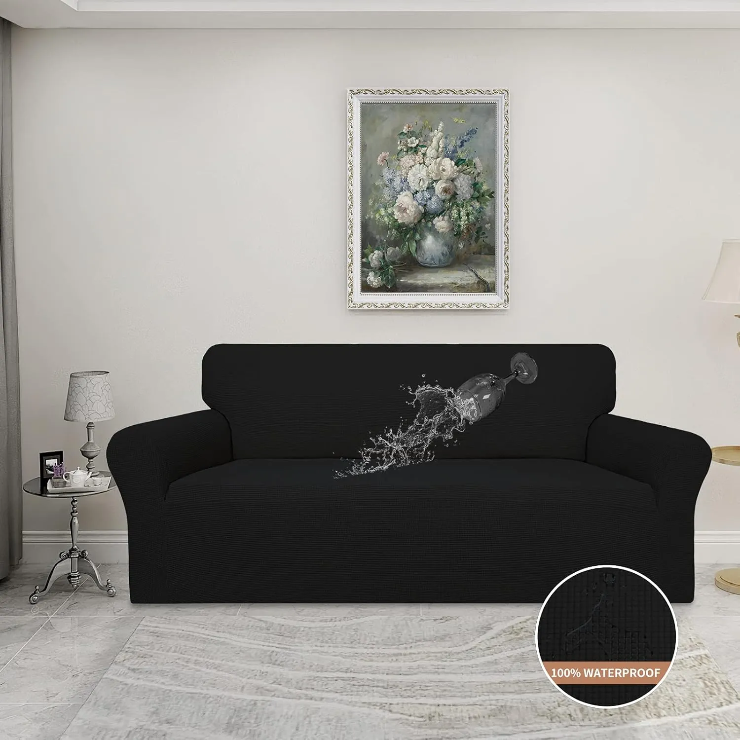 Easy-Going 100% Waterproof Dual Couch Cover, Stretch Jacquard Sofa Slipcover, Leakproof Furniture Protector for Kids, Pets, Dog and Cat (Sofa, Black)