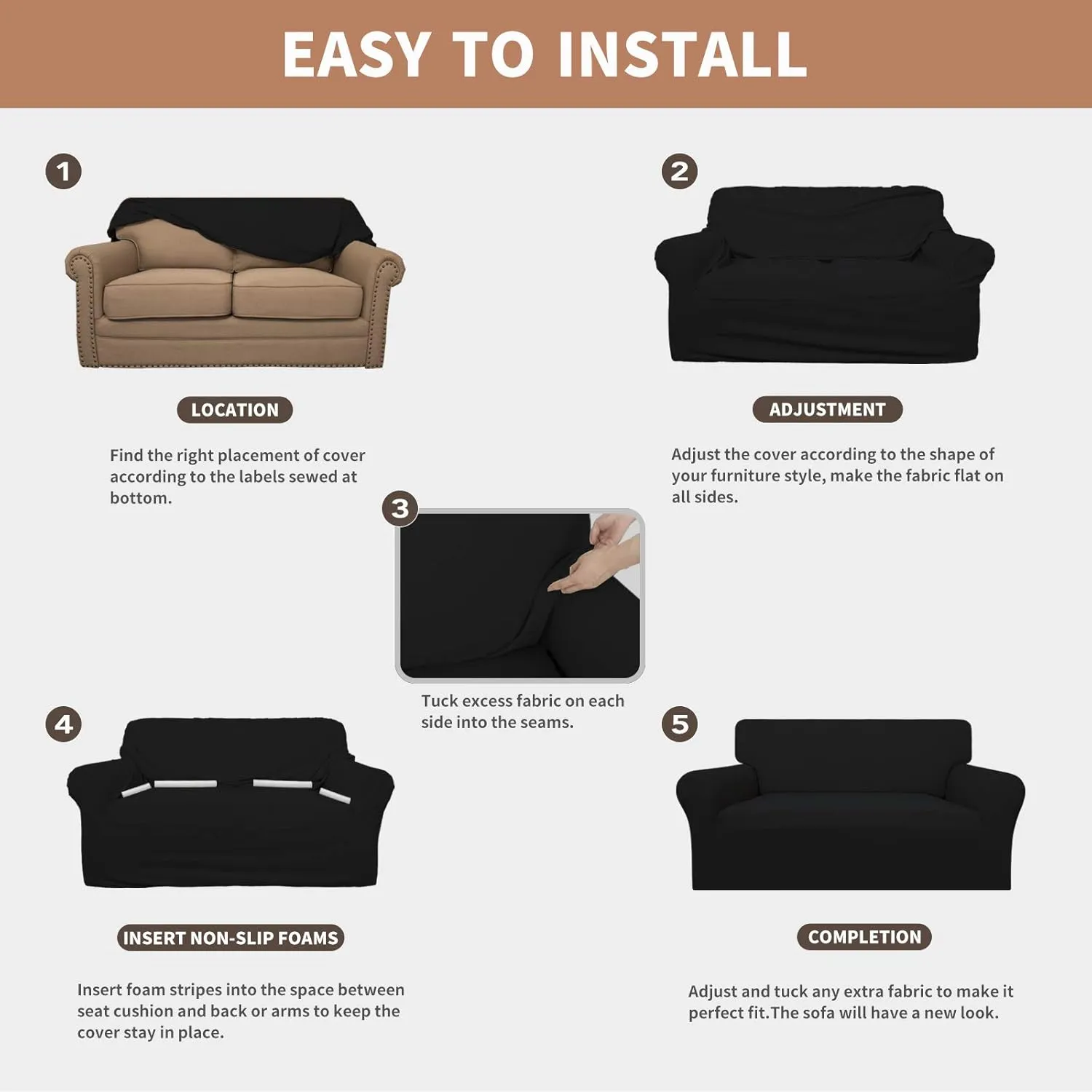 Easy-Going 100% Waterproof Dual Couch Cover, Stretch Jacquard Sofa Slipcover, Leakproof Furniture Protector for Kids, Pets, Dog and Cat (Sofa, Black)