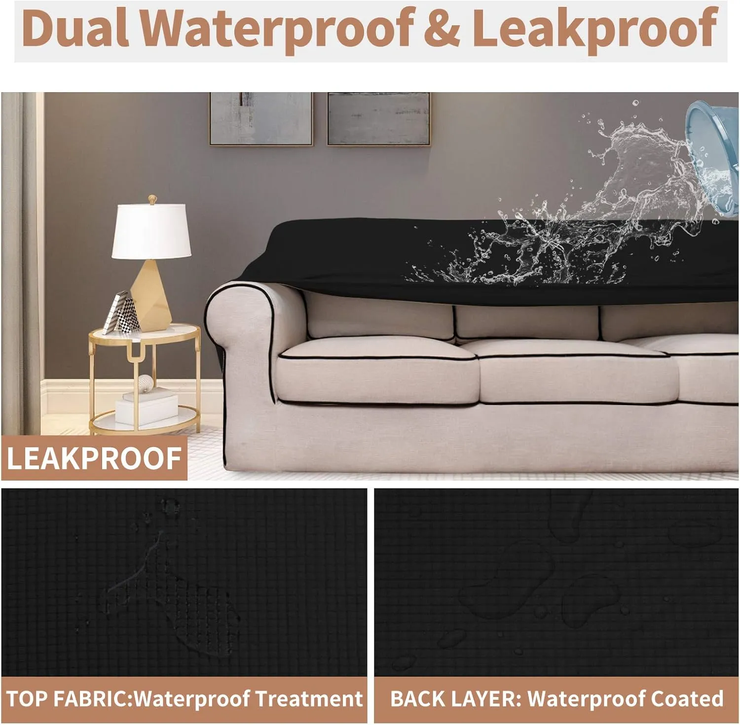 Easy-Going 100% Waterproof Dual Couch Cover, Stretch Jacquard Sofa Slipcover, Leakproof Furniture Protector for Kids, Pets, Dog and Cat (Sofa, Black)
