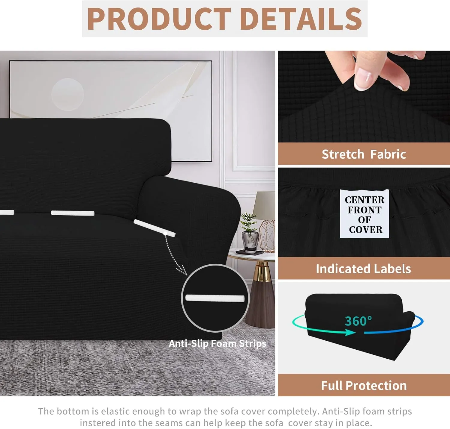 Easy-Going 100% Waterproof Dual Couch Cover, Stretch Jacquard Sofa Slipcover, Leakproof Furniture Protector for Kids, Pets, Dog and Cat (Sofa, Black)