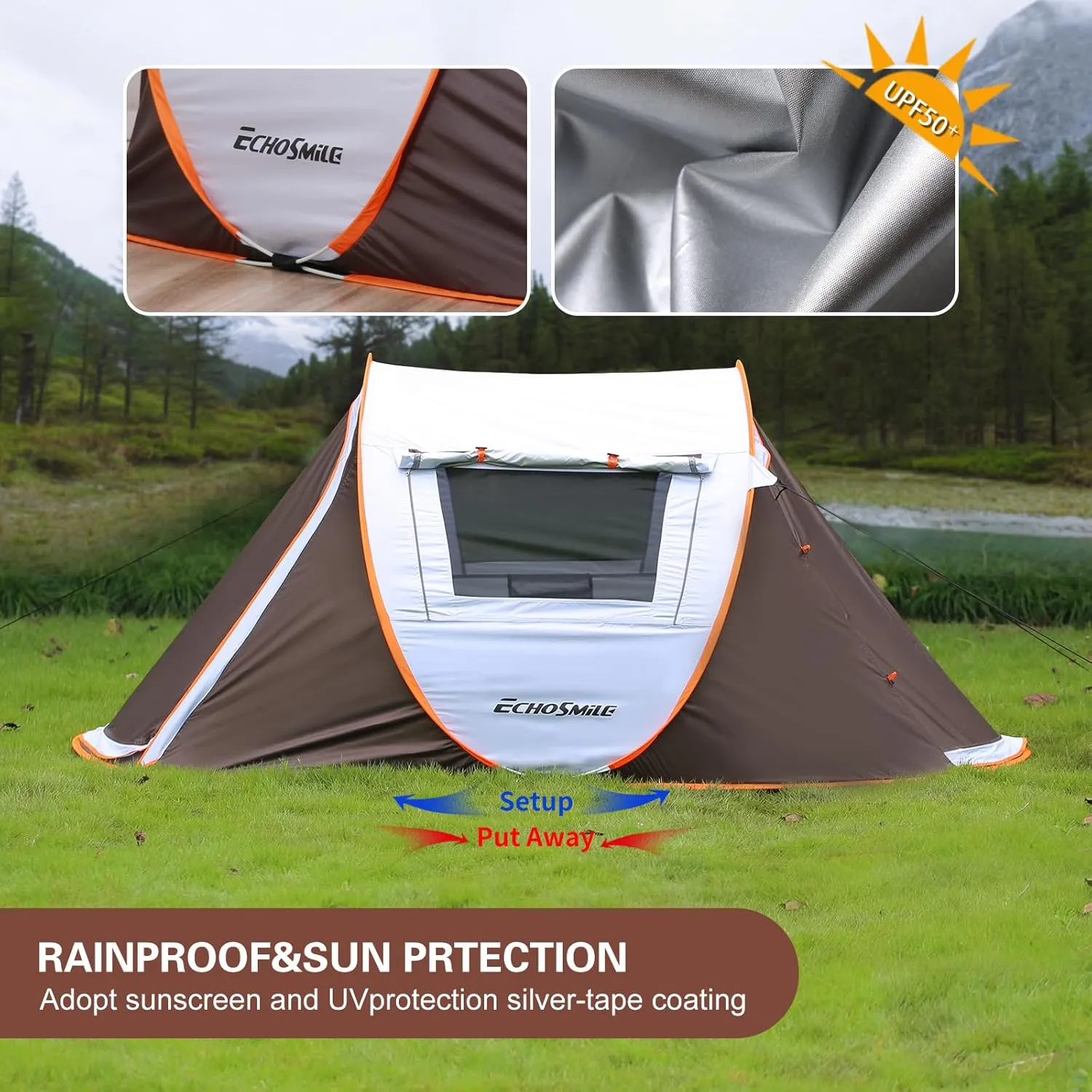 EchoSmile Camping Instant Pop Up Tent, 2/4/6/8/10 Person, Water Resistant Dome, Easy Setup for Camping Hiking and Outdoor, Portable with Carry Bag, 3 Season