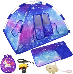 Ecore Fun 5 Items 18 inch Dolls Camping Tent Set and Accessories Including Girl Doll Tent, Sleeping Bag, Backpack, Toy Camera and Dog