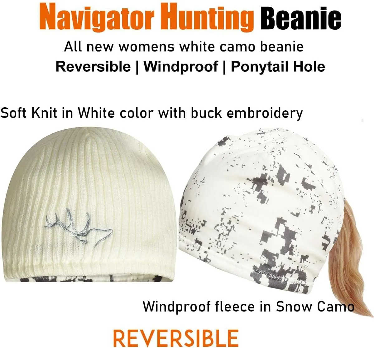 EDTREK Womens Performance Reversible Ponytail Beanie - Windproof Fleece Winter Hat for Hiking Hunting Fishing