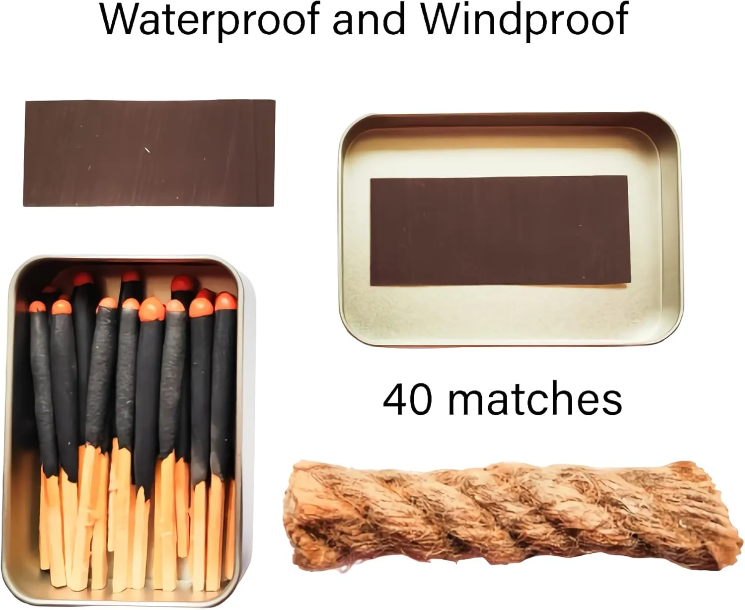 egreen Emergency Fire Starter Kit – 20 Waterproof Windproof 3“ Matches in Tin Can   Wax Infused Hemp Cord, Burns Underwater & After Burial for Survival, Camping, Hiking, Bushcraft