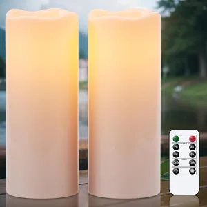 Eldnacele 4"×10" Large Waterproof Outdoor Flameless Candles Remote and Timer, Battery Operated White Plastic LED Flickering Pillar Candles 2 Pack for Dinner Wedding Porch Garden Lanterns Home Decor