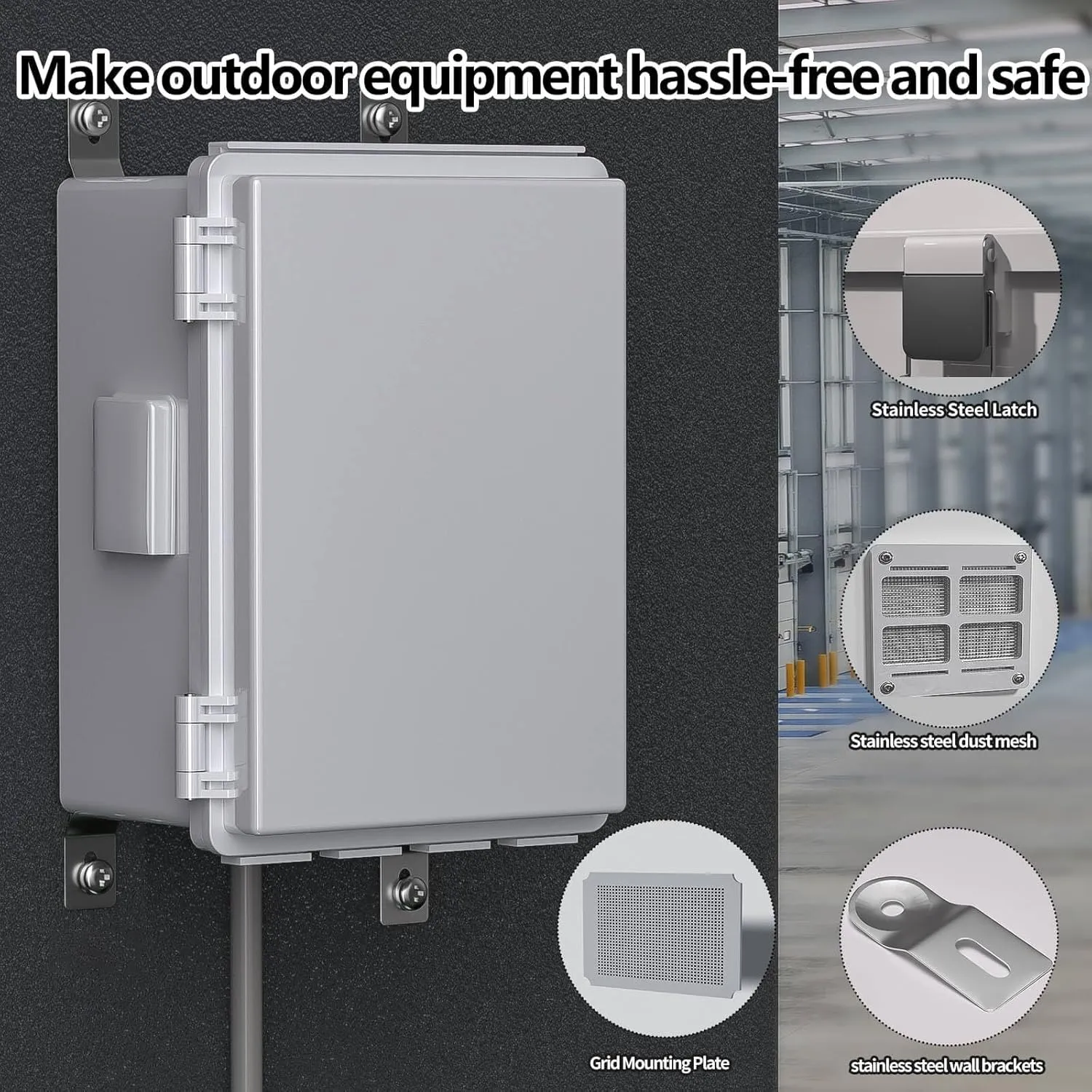 Electrical Junction Box, Ventilated Design, Cable Grommets, Indoor/Outdoor Use with Mounting Panel & Hinged Cover. Waterproof IP 65. (Grey Cover, 11.8"x7.9"x5.1")