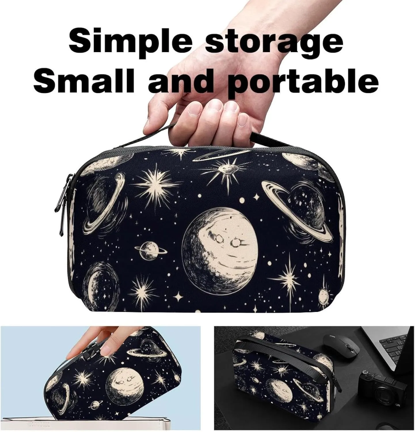 Electronics Organizer, Planets and Moons Universe Small Travel Cable Organizer Carrying Bag, Compact Tech Case Bag for Electronic Accessories, Cords, Charger, USB, Hard Drives