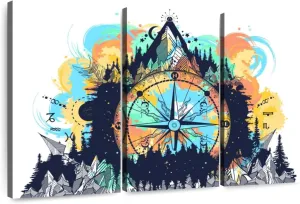 Elephant Stock - Mountain Hiking Compass Wall Art - Horizontal Multi Panel Canvas - 3 Piece Living Room Wall Decor - Digital Art Hobbies And Lifestyle Multi Piece Wall Art - White And Blue Decor - 65" x 42"