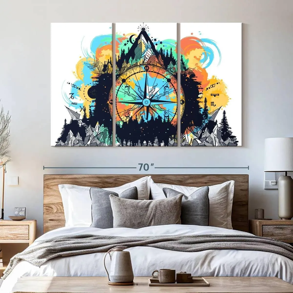 Elephant Stock - Mountain Hiking Compass Wall Art - Horizontal Multi Panel Canvas - 3 Piece Living Room Wall Decor - Digital Art Hobbies And Lifestyle Multi Piece Wall Art - White And Blue Decor - 65" x 42"
