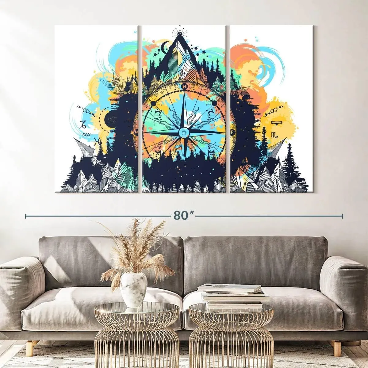 Elephant Stock - Mountain Hiking Compass Wall Art - Horizontal Multi Panel Canvas - 3 Piece Living Room Wall Decor - Digital Art Hobbies And Lifestyle Multi Piece Wall Art - White And Blue Decor - 65" x 42"