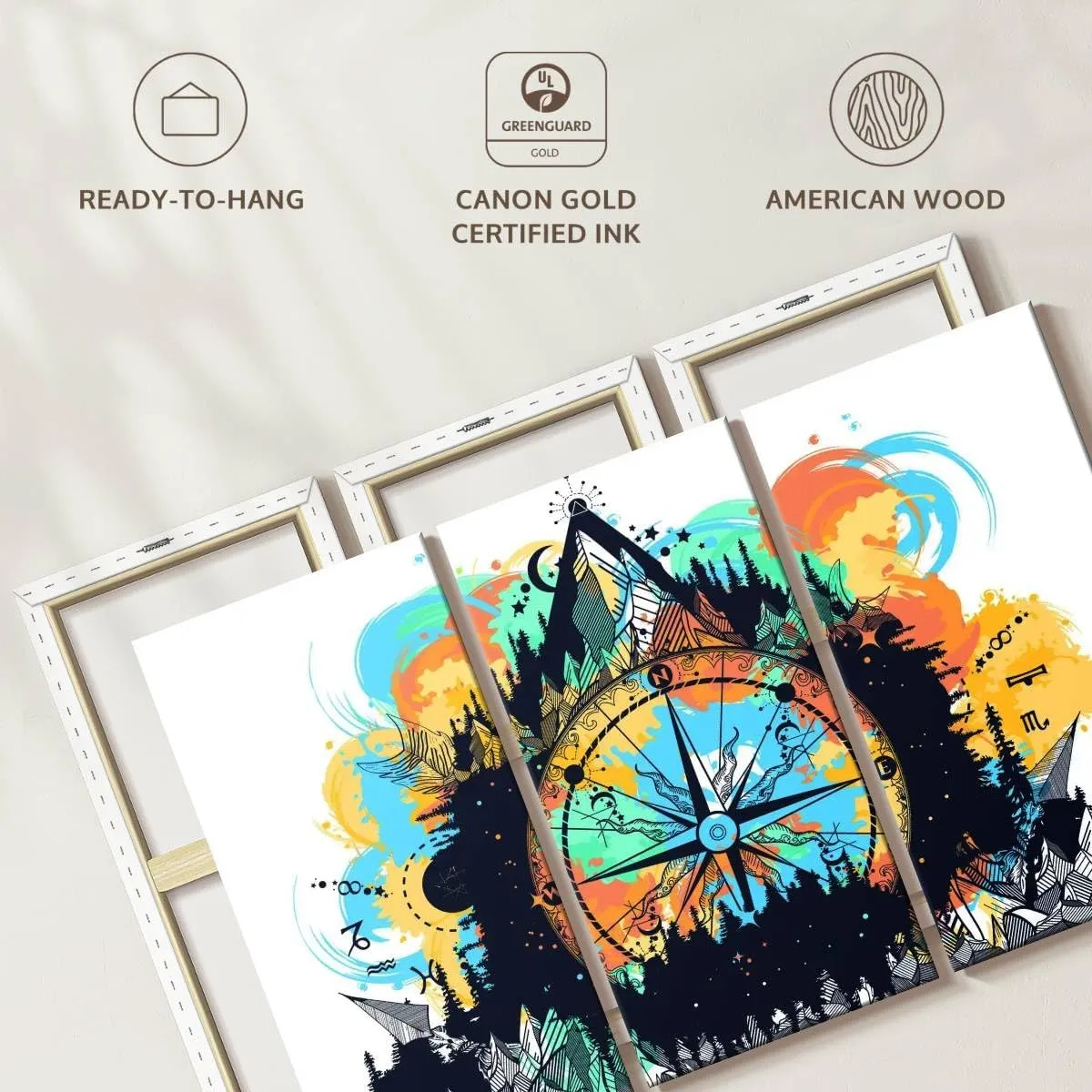 Elephant Stock - Mountain Hiking Compass Wall Art - Horizontal Multi Panel Canvas - 3 Piece Living Room Wall Decor - Digital Art Hobbies And Lifestyle Multi Piece Wall Art - White And Blue Decor - 65" x 42"