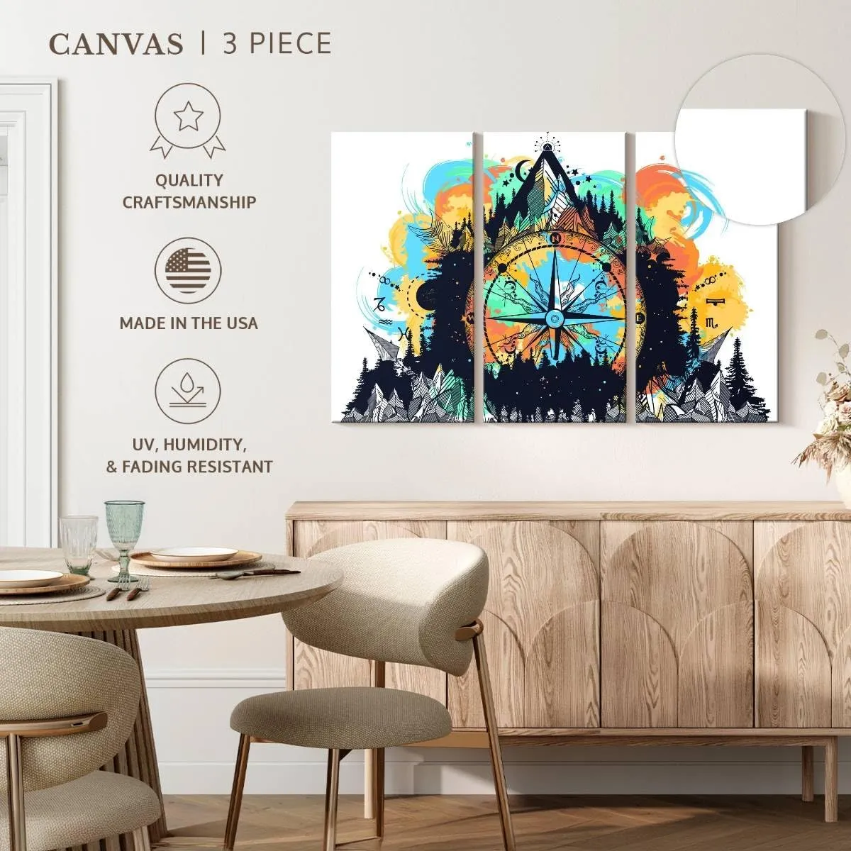 Elephant Stock - Mountain Hiking Compass Wall Art - Horizontal Multi Panel Canvas - 3 Piece Living Room Wall Decor - Digital Art Hobbies And Lifestyle Multi Piece Wall Art - White And Blue Decor - 65" x 42"