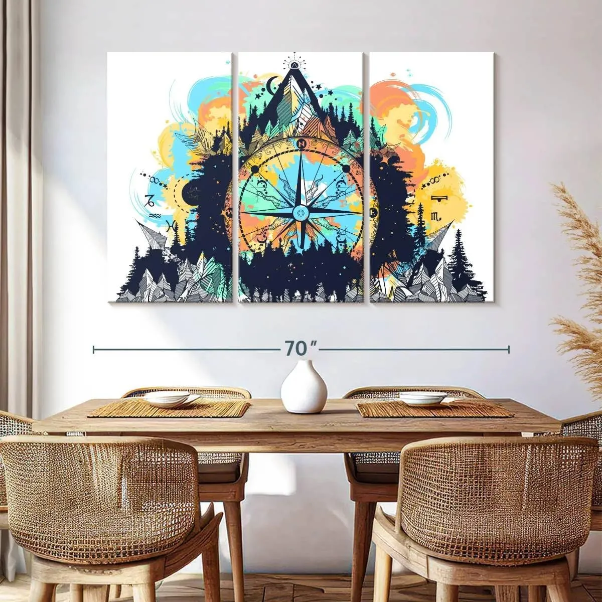 Elephant Stock - Mountain Hiking Compass Wall Art - Horizontal Multi Panel Canvas - 3 Piece Living Room Wall Decor - Digital Art Hobbies And Lifestyle Multi Piece Wall Art - White And Blue Decor - 65" x 42"