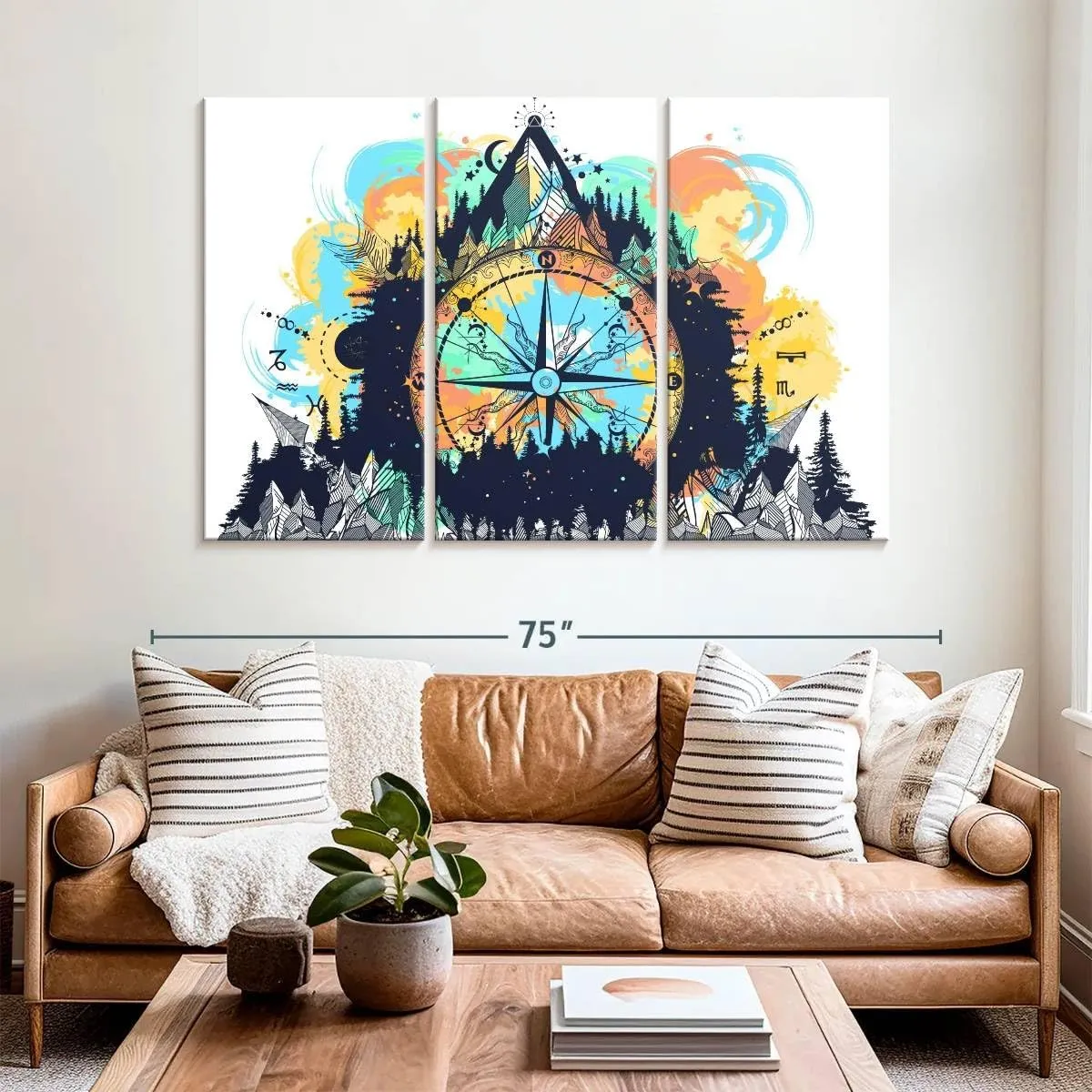 Elephant Stock - Mountain Hiking Compass Wall Art - Horizontal Multi Panel Canvas - 3 Piece Living Room Wall Decor - Digital Art Hobbies And Lifestyle Multi Piece Wall Art - White And Blue Decor - 65" x 42"
