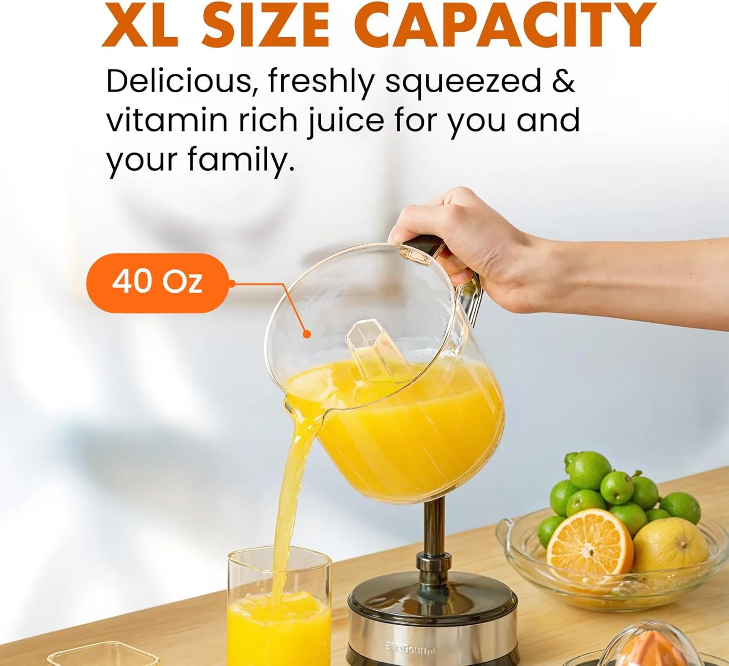 Elite Gourmet ETS740 BPA-Free Electric Citrus Juicer with 2 Cones, Compact, Large Volume, Pulp Control, Oranges, Lemons, Limes, Grapefruits with Easy Pour Spout, 1.2L, Black/Stainless Steel