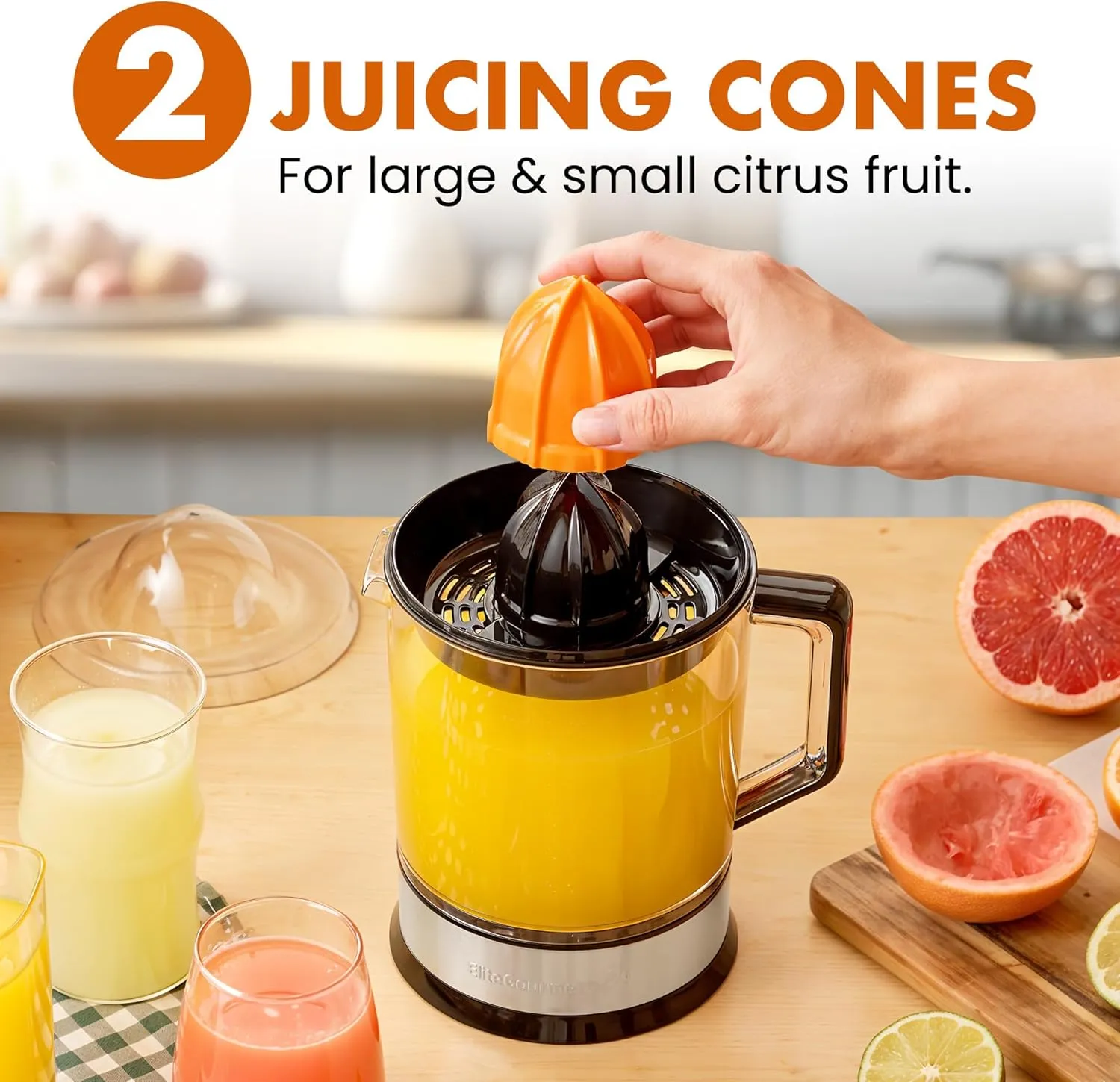 Elite Gourmet ETS740 BPA-Free Electric Citrus Juicer with 2 Cones, Compact, Large Volume, Pulp Control, Oranges, Lemons, Limes, Grapefruits with Easy Pour Spout, 1.2L, Black/Stainless Steel