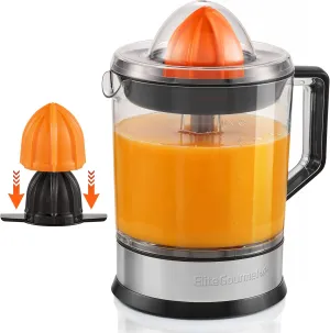 Elite Gourmet ETS740 BPA-Free Electric Citrus Juicer with 2 Cones, Compact, Large Volume, Pulp Control, Oranges, Lemons, Limes, Grapefruits with Easy Pour Spout, 1.2L, Black/Stainless Steel