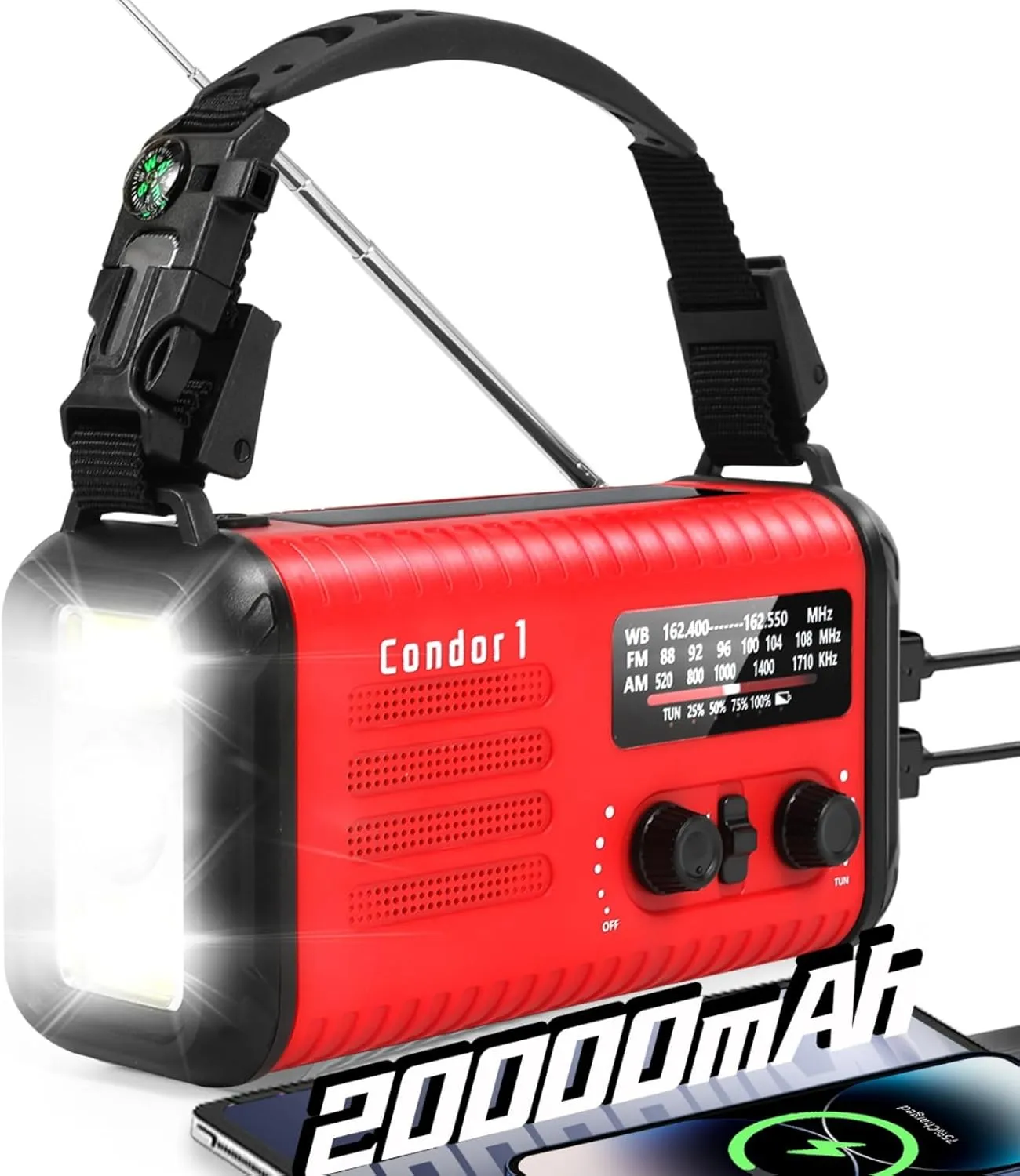 Emergency Crank Radio, 20000mAh / 74000mWh Solar Hand Crank Weather Radio with NOAA/AM/FM, Battery Powered Radio with Cell Phone Charger, Reading Lamp, Flashlight & SOS for Emergencies/Home