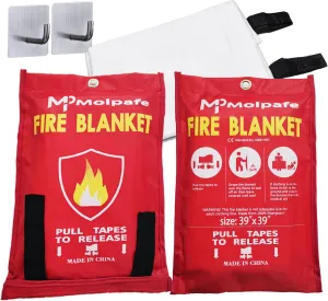 Emergency Fire Blanket, 2 Packs 39"x39" Suppression Flame Retardent Safety Blanket, Fiberglass Fire Blanket, for Home, Kitchen, School, Office, Car, Fireplace, Grill, Camping -with Hooks -001
