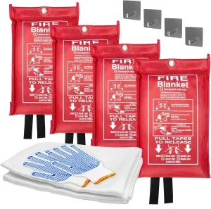 Emergency Fire Blanket (4 Pack)   4 Hooks & 1 Gloves, 40" x 40" Fire Blanket for Home, Fiberglass Fireproof Kitchen,100% Fiberglass