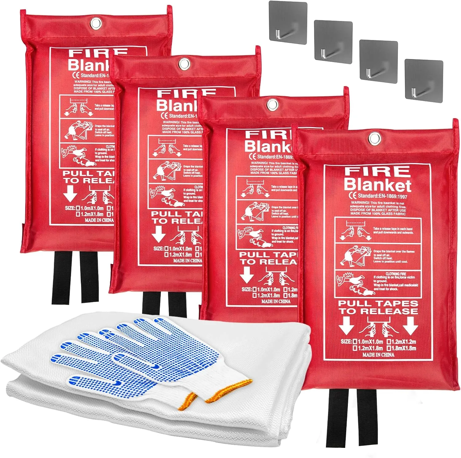 Emergency Fire Blanket (4 Pack)   4 Hooks & 1 Gloves, 40" x 40" Fire Blanket for Home, Fiberglass Fireproof Kitchen,100% Fiberglass