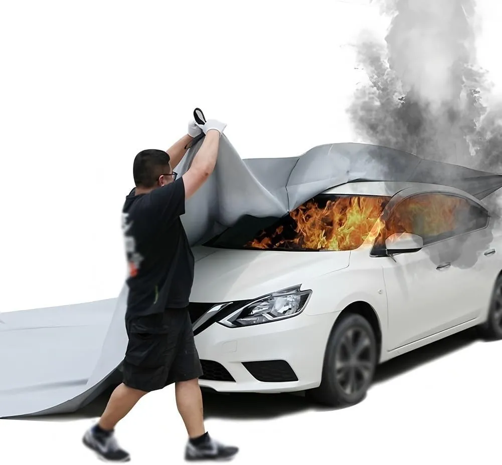 Emergency Fire Blanket for Car, Silicone Coated Fibergalss Cover, Heat Resistant Fire Suppression Blankets, Survival Safety for Electric Vehicle Truck Automotive Conflagration(8x10m/26.2x32.8ft)