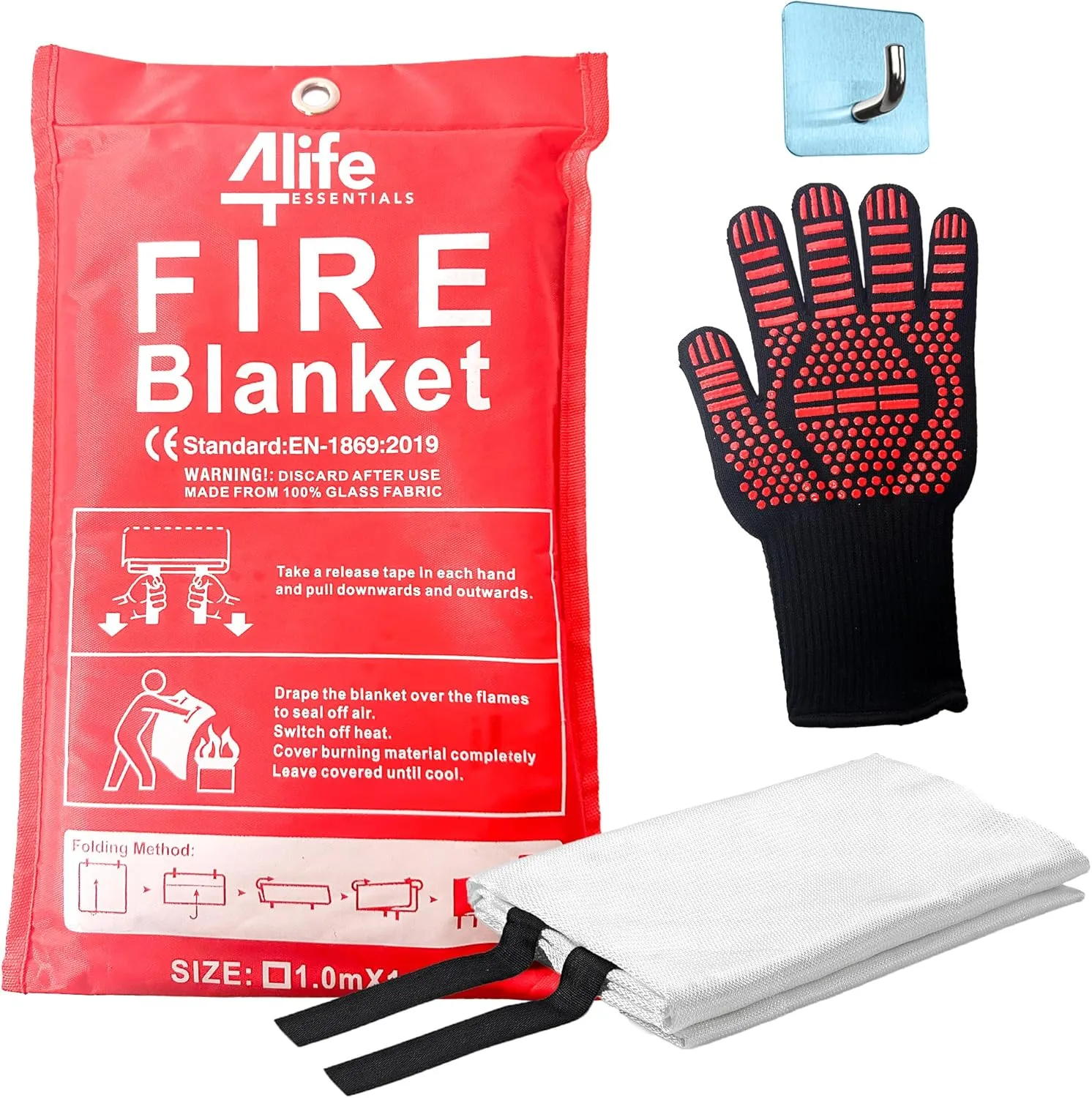 Emergency Fire Blanket with Hook and Glove - High Heat Resistant Fire, Quick Release, Fire Resistant Safety Cover for Home Kitchen, Camping, and Office, Easy to Use, Compact Fire Safety Tool, White