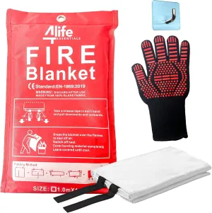 Emergency Fire Blanket with Hook and Glove - High Heat Resistant Fire, Quick Release, Fire Resistant Safety Cover for Home Kitchen, Camping, and Office, Easy to Use, Compact Fire Safety Tool, White