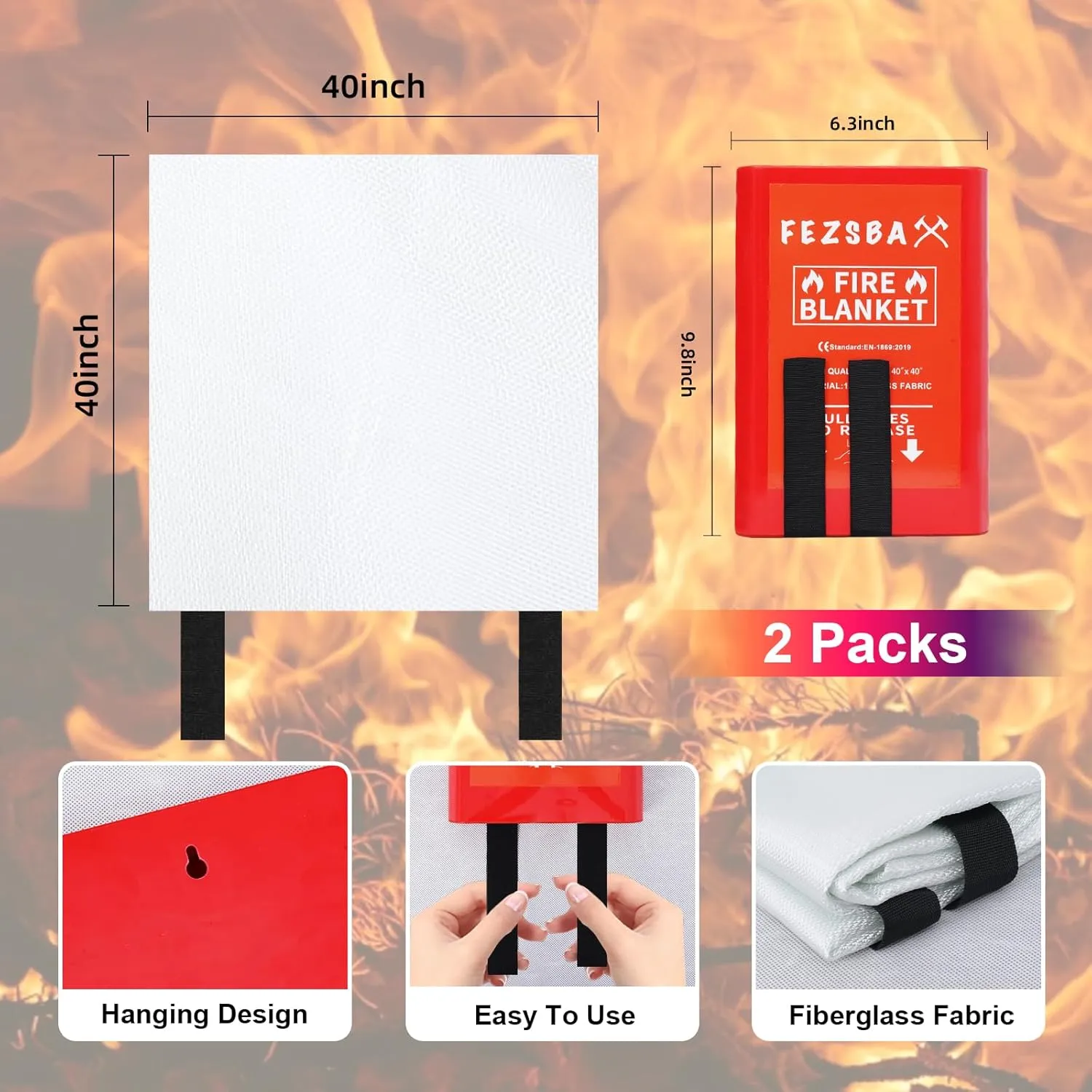 Emergency Fire Blankets,Fire Safety Blanket for Kitchen Home, Fire Supression Blanket Good for School Safety, Fireplace, and Camping,Hurricane Preparedness Items (2, Pack Case 40x40 inches)
