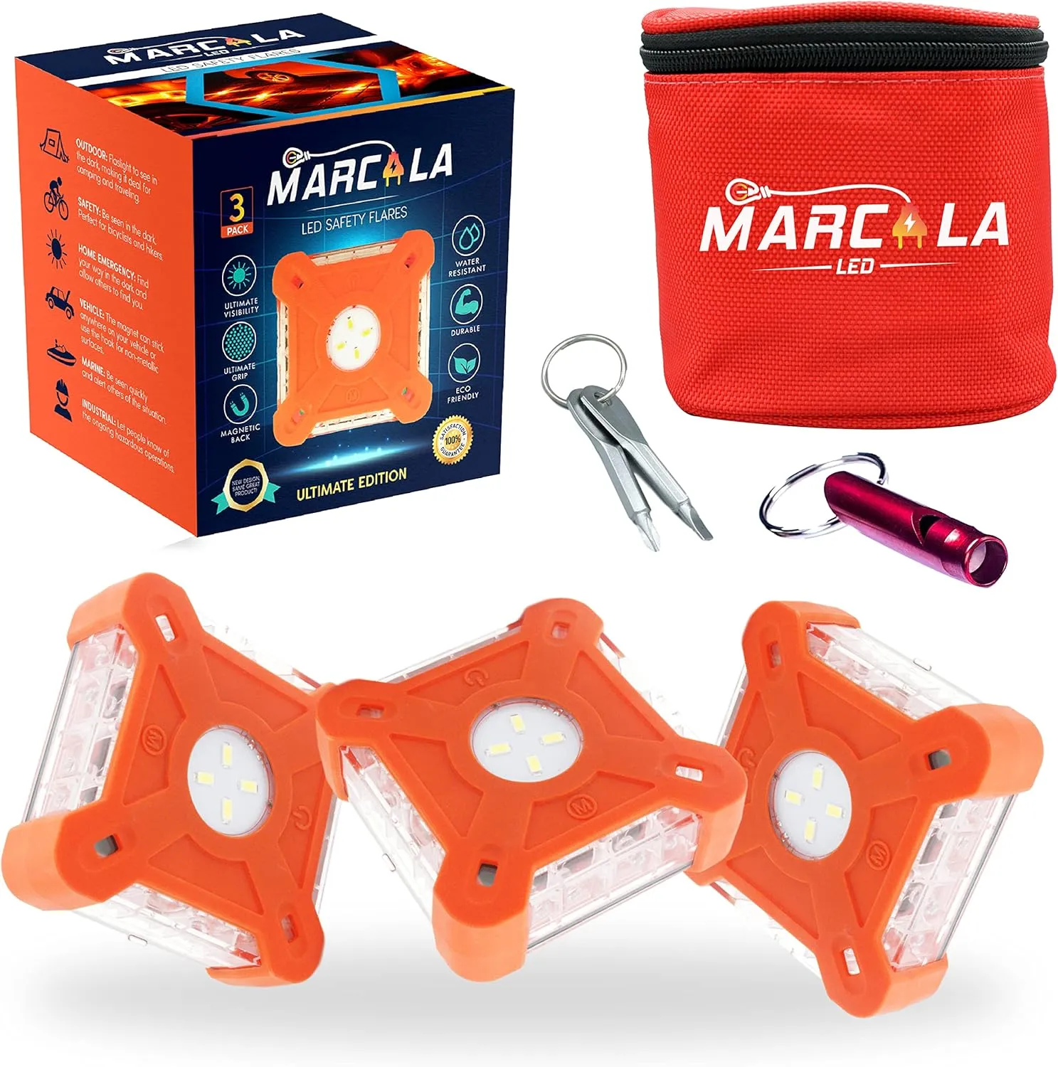 Emergency Lights for Vehicles | 3-Pack LED Road Flares | Flares Emergency Road | LED Emergency Flares Include Batteries, Case, Whistle & more | Stronger, Brighter & Better than round Flares!