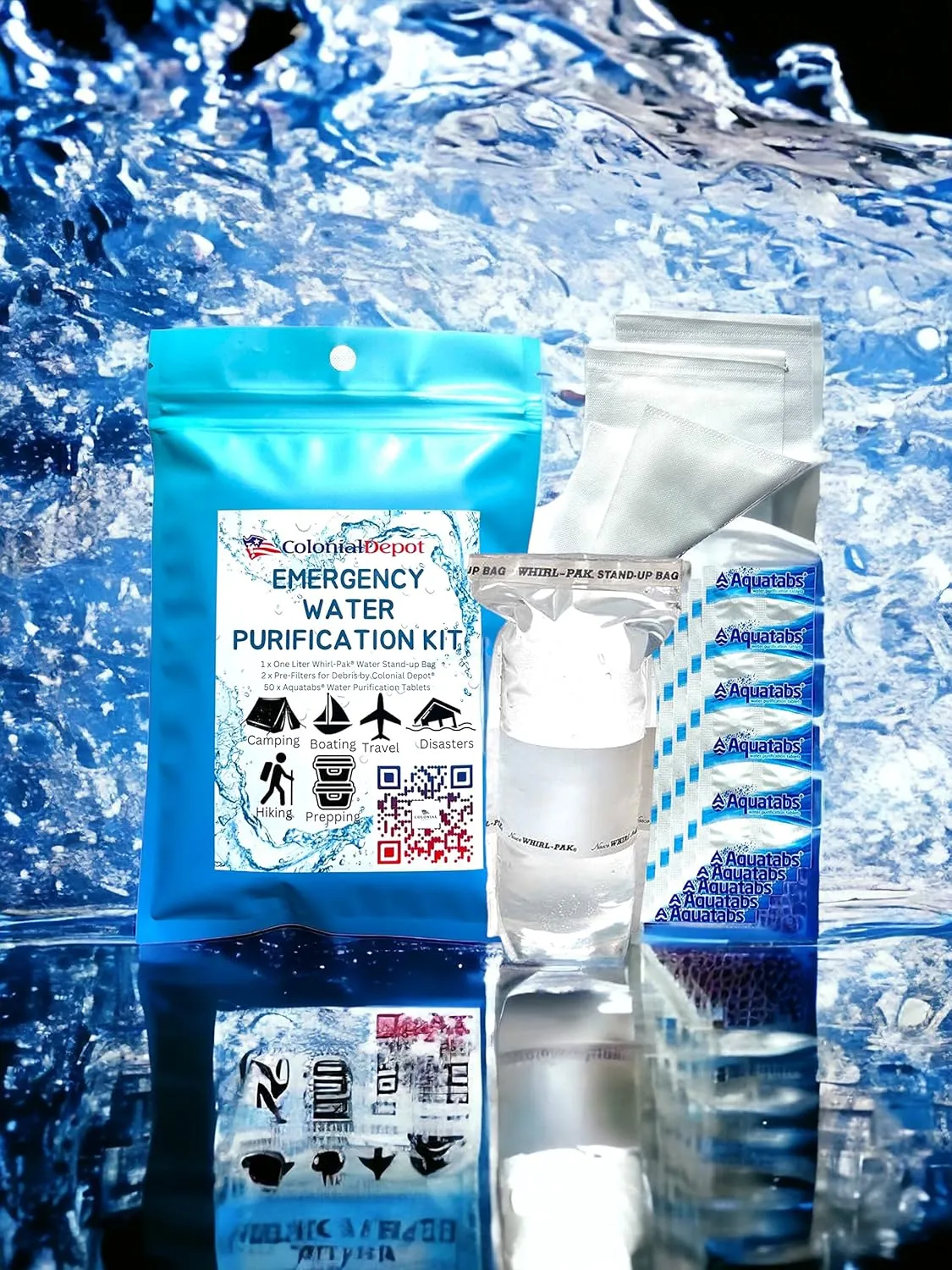 Emergency Water Purification Tablets, Aquatabs 200 pk Water Purifying Tablets, 4pk Whirl-Pak Water Bags, 8X Prefilters for Debris Filtration, Survival Kits for Disaster Preparedness (4)