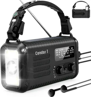 Emergency Weather Radio (Condor 1) NOAA/AM/FM with 74000mWh Portable Radio, USB-C/Solar/Hand Crank Charging, SOS Alarm, Flashlight, Reading Lamp & Survival Handle Kit for Indoor/Outdoor (Black)
