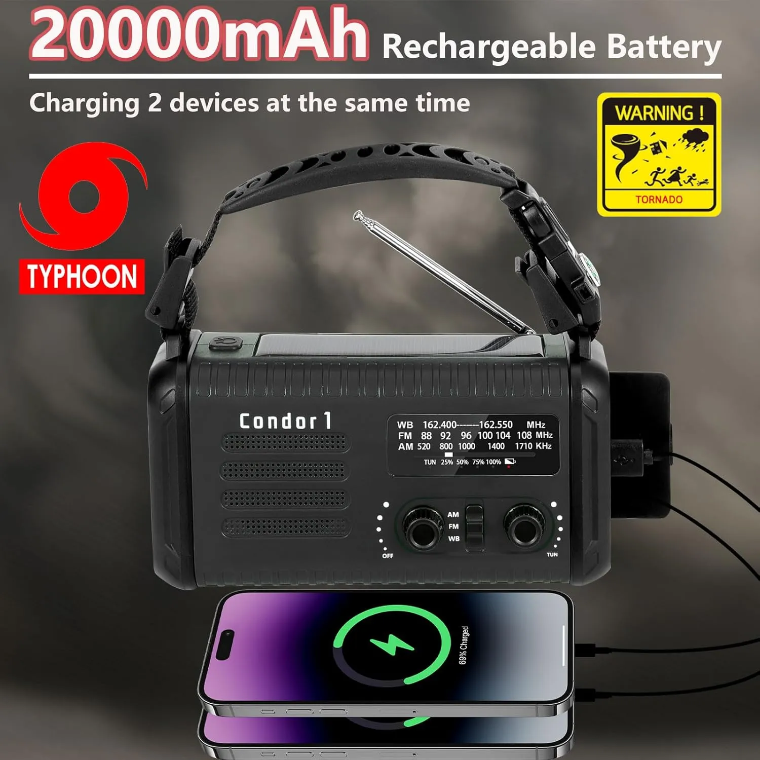 Emergency Weather Radio (Condor 1) NOAA/AM/FM with 74000mWh Portable Radio, USB-C/Solar/Hand Crank Charging, SOS Alarm, Flashlight, Reading Lamp & Survival Handle Kit for Indoor/Outdoor (Black)